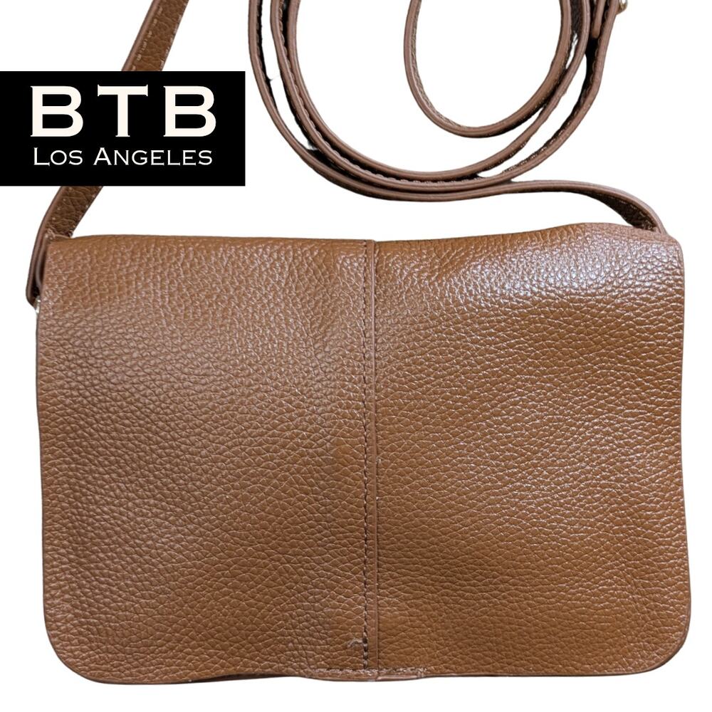 BTB Los Angeles Mini Crossbody Bag Leather Cognac Pebble Flap Close Minimalist